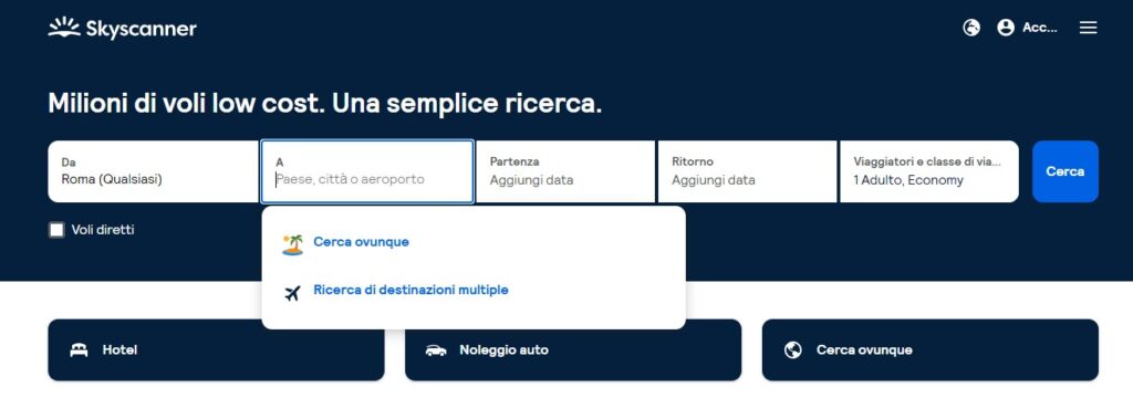 La barra di ricerca di Skyscanner Come prenotare un volo online: la barra di ricerca di Skyscanner
