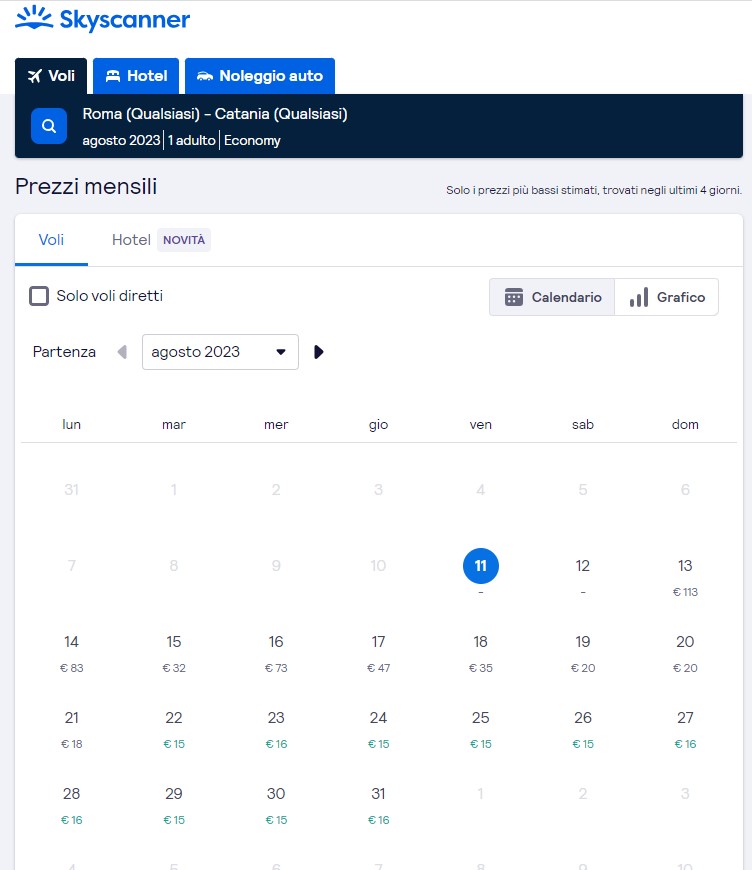 Le differenze di prezzo nel calendario di agosto, sul volo da Roma a Catania Le differenze di prezzo sul calendario di agosto, Skyscanner