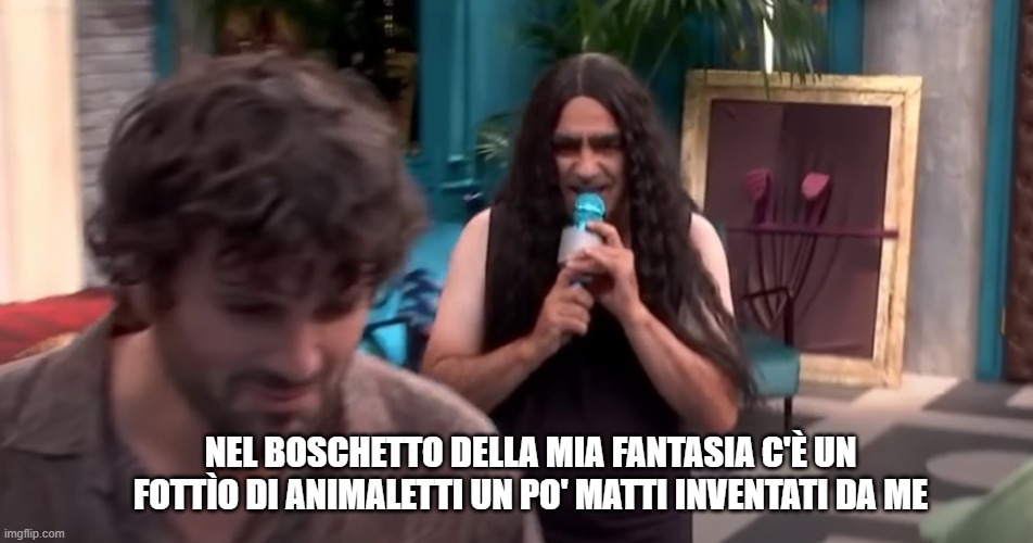 Meme di Elio delle Storie Tese che insegue Frank Matano con un microfono a Lol